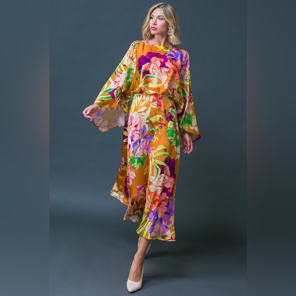 Floral Golden Orange Satin Midi Dress with Flutter Sleeves
